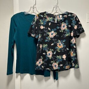 Teal Long Sleeve Shirt & Floral Blouse Bundle Women's Small Tops Business Casual